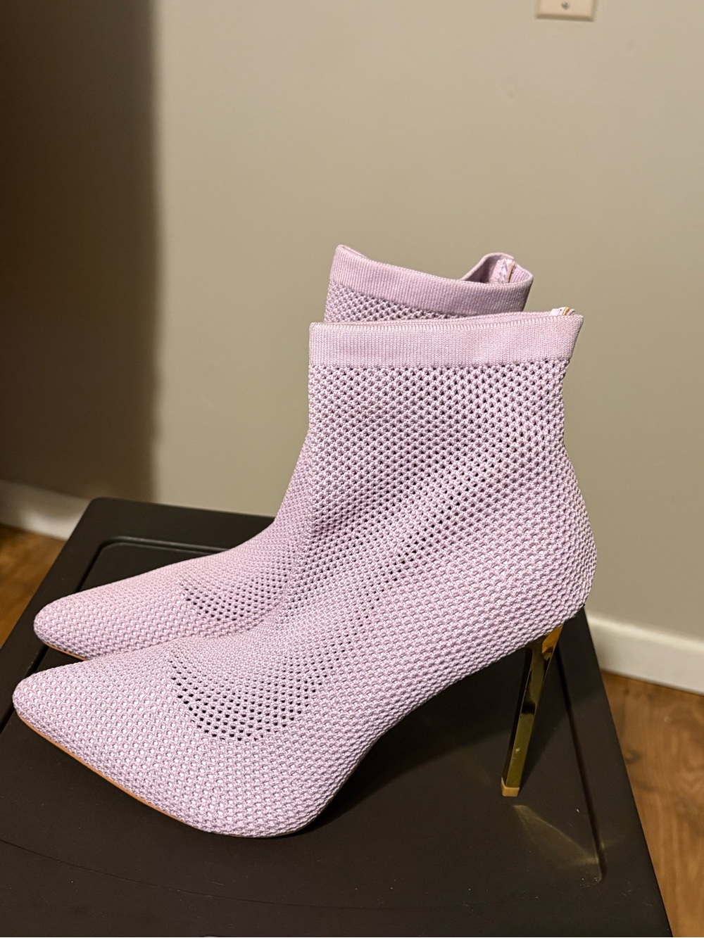 Lilac Knit Pointed-Toe Sock Ankle Boots with Gold Stiletto Heel